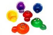 Six colored bean bags and plastic bowls for matching emotions.
